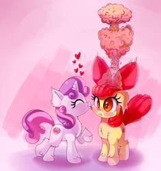 Size: 2000x2116 | Tagged: safe, artist:discorded, apple bloom, sweetie belle, g4, applebomb, blushing, cute, eyes closed, female, floppy ears, fluffy, heart, high res, lesbian, licking, mind blown, mushroom cloud, raised hoof, ship:sweetiebloom, shipping, smiling, tongue out