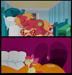 Size: 3232x3392 | Tagged: safe, artist:shrunken-littlebro12, apple bloom, big macintosh, earth pony, pony, g4, big macinpred, brother and sister, comic, cute, female, fetish, filly, happy, high res, indoors, male, micro, mouth, non-fatal vore, stallion, uvula, vore