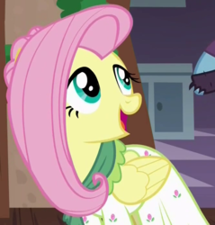 Size: 666x696 | Tagged: safe, screencap, flutterholly, fluttershy, pegasus, pony, a hearth's warming tail, g4, clothes, cute, dress, female, looking back, mare, open mouth, shyabetes, solo