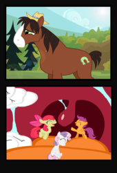 Size: 2168x3184 | Tagged: safe, artist:shrunken-littlebro12, apple bloom, scootaloo, sweetie belle, trouble shoes, earth pony, pegasus, pony, unicorn, g4, bouncing, comedic vore, comic, cutie mark crusaders, female, fetish, filly, giant pony, high res, indoors, inside mouth, macro, male, micro, mouth, stallion, tongue out, unhappy, uvula, vore