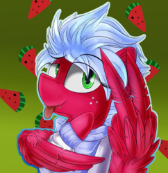 Size: 927x958 | Tagged: safe, artist:beardie, oc, oc only, oc:melon frost, pegasus, pony, clothes, commission, freckles, hoodie, piercing, solo, tongue out
