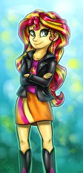 Size: 1464x3051 | Tagged: safe, artist:gaelledragons, sunset shimmer, equestria girls, g4, boots, clothes, crossed arms, cute, female, high heel boots, jacket, leather jacket, shimmerbetes, skirt, smiling, solo