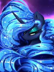 Size: 1800x2400 | Tagged: safe, artist:madacon, princess luna, pony, g4, beautiful, color porn, eyeshadow, female, glowing mane, lidded eyes, long mane, looking at something, makeup, missing accessory, serious, serious face, solo, stars