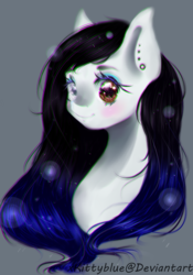 Size: 1336x1911 | Tagged: safe, artist:xkittyblue, oc, oc only, oc:cyan crystal, earth pony, pony, art trade, ear piercing, eyeshadow, female, looking at you, makeup, mare, piercing, simple background, smiling, solo