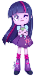 Size: 400x843 | Tagged: safe, artist:lizbeat, twilight sparkle, equestria girls, g4, book, clothes, cute, female, leg warmers, one eye closed, open mouth, shoes, simple background, skirt, solo, transparent background, twiabetes, wink