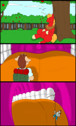 Size: 1024x1682 | Tagged: safe, artist:heartman98, artist:shrunken-littlebro12, big macintosh, oc, oc:tibtep, earth pony, pony, g4, belly, big macinpred, comic, cute, fetish, giant pony, indoors, inside mouth, inside tongue, macro, male, mawshot, micro, mouth, non-fatal vore, open mouth, pencilman, sleeping, stallion, teeth, throat, tooth, uvula, vore, willing vore