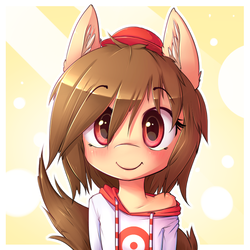 Size: 650x650 | Tagged: safe, artist:hoodie, oc, oc only, oc:fun fact, semi-anthro, bust, clothes, cute, ear fluff, hat, hoodie, looking at you, portrait, smiling, solo