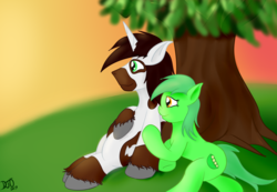 Size: 1300x900 | Tagged: safe, artist:djose-ohara, oc, oc only, oc:chic pea, oc:hardy mackintosh, earth pony, pony, unicorn, blacksmith, hardpea, romance, sunset, tree