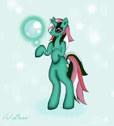 Size: 1296x1436 | Tagged: safe, artist:luuunatic, fizzy, pony, g1, g4, bipedal, bubble, female, g1 to g4, generation leap, magic, solo