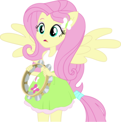 Size: 4400x4417 | Tagged: safe, artist:darksoul46, fluttershy, equestria girls, g4, hamstocalypse now, my little pony equestria girls: rainbow rocks, absurd resolution, clothes, cute, cutie mark on clothes, female, fluttershy's skirt, musical instrument, open mouth, ponied up, ponytail, shyabetes, simple background, skirt, solo, tambourine, tank top, transparent background, vector, wings