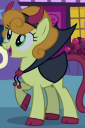 Size: 264x395 | Tagged: safe, screencap, carrot top, golden harvest, devil, earth pony, pony, g4, luna eclipsed, cape, clothes, costume, devil costume, devil tail, female, horns, mare, open mouth, raised hoof, smiling, solo