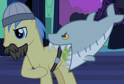 Size: 668x456 | Tagged: safe, screencap, goldengrape, jumpy the shark, sir colton vines iii, earth pony, pony, shark, g4, luna eclipsed, season 2, clothes, costume, male, pointing, sailor, solo