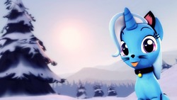 Size: 1920x1080 | Tagged: safe, artist:flushthebatsanta, trixie, pony, unicorn, g4, 3d, collar, cute, female, looking at you, mare, neko, raspberry noise, snow, solo, source filmmaker, tongue out, tree, winter