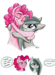 Size: 4576x6224 | Tagged: safe, artist:celestial-rainstorm, marble pie, pinkie pie, g4, :t, absurd resolution, eyes closed, hair over one eye, hug, implied marblemac, sisters, traditional art