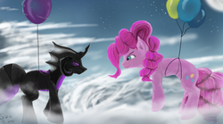 Size: 3150x1750 | Tagged: safe, artist:skyresonance, pinkie pie, oc, oc:memorynumber, changeling, earth pony, pony, g4, balloon, changeling oc, cloud, floating, purple changeling, then watch her balloons lift her up to the sky