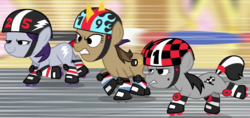Size: 1424x670 | Tagged: safe, screencap, bolt (g4), finish line (g4), hairpin turn, earth pony, pony, call of the cutie, g4, female, filly, helmet, roller skates, trio