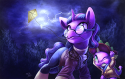 Size: 1200x759 | Tagged: safe, artist:tsitra360, spike, twilight sparkle, dragon, pony, g4, benjamin franklin, brony thank you fund, clearing, clothes, forest, glasses, hat, lightning, mouth hold, one eye closed, pants, signature, storm