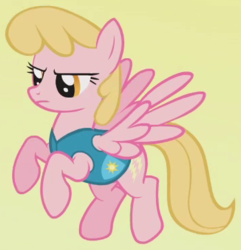 Size: 357x370 | Tagged: safe, screencap, honey rays, pegasus, pony, g4, winter wrap up, background pony, clothes, cropped, female, flying, mare, narrowed eyes, simple background, solo, vest, weather team, winter wrap up vest, yellow background