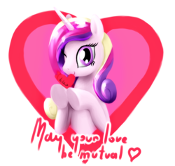 Size: 1024x968 | Tagged: safe, artist:mgmax, princess cadance, pony, g4, female, heart, hearts and hooves day, postcard, simple background, smiling, solo, text