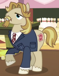 Size: 348x444 | Tagged: safe, screencap, jeff letrotski, earth pony, pony, g4, slice of life (episode), background pony, bowling pin, clothes, male, necktie, solo, stallion, suit, the dude