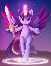 Size: 1275x1650 | Tagged: safe, artist:zelc-face, twilight sparkle, alicorn, pony, g4, bipedal, colored wings, female, hoof hold, magic, magic circle, multicolored hair, multicolored wings, solo, stars, sword, twilight (astronomy), twilight at twilight, twilight sparkle (alicorn), weapon