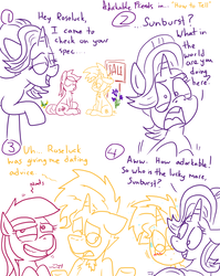 Size: 1280x1611 | Tagged: safe, artist:adorkabletwilightandfriends, roseluck, starlight glimmer, sunburst, earth pony, pony, unicorn, comic:adorkable twilight and friends, g4, adorkable friends, blushing, comic, cute, dialogue, floppy ears, glasses, lidded eyes, lineart, love, open mouth, romance, sheepish grin, shrunken pupils, simple background, sitting, slice of life, smiling, sweat, underhoof