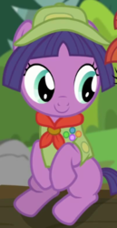 Size: 400x774 | Tagged: safe, screencap, lavandula, earth pony, pony, g4, the mane attraction, clothes, hat, offscreen character, sitting, smiling, solo focus, vest