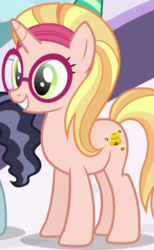 Size: 436x709 | Tagged: safe, screencap, booksmart, honey lemon, pony, unicorn, amending fences, g4, cropped, glasses, hairband, offscreen character, reference, smiling, solo focus