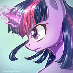 Size: 2000x2000 | Tagged: safe, artist:chaosangeldesu, twilight sparkle, pony, g4, bust, female, glowing horn, high res, horn, profile, solo