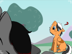 Size: 741x556 | Tagged: safe, artist:onyxpenstroke, derpibooru exclusive, oc, oc only, oc:onyx penstroke, oc:renard prower, pegasus, pony, aside glance, blurry background, camera shot, colored wings, confused, excited, eyes closed, floppy ears, folded wings, fourth wall, head tilt, missing cutie mark, mountain, multicolored hair, multicolored wings, question mark, screencapped background, sitting, tree