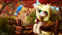 Size: 1920x1080 | Tagged: safe, artist:aurelleah, oc, oc only, oc:sweet sunrise, bird, autumn, bow, chest fluff, clothes, commission, cottagecore, cute, ear fluff, fence, floppy ears, fluffy, forest, hair bow, happy, leaves, looking away, magic, scarf, seeds, smiling, solo, tree