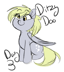 Size: 1280x1457 | Tagged: safe, artist:possibly-art, derpy hooves, pegasus, pony, g4, ear fluff, female, simple background, sitting, smiling, solo, white background
