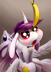 Size: 3507x4960 | Tagged: safe, artist:underpable, princess celestia, oc, oc:lapush buns, bunnycorn, princess molestia, g4, absurd resolution, banana, butt, cute, duo, eyes on the prize, female, floppy ears, food, fruit, male, mare, open mouth, plot, stallion, tongue out