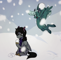 Size: 900x892 | Tagged: safe, artist:enma-darei, oc, oc only, oc:cold snap, oc:mortimer hooves, pegasus, pony, clothes, demolition bird squad, duo, female, glasses, male, mare, scarf, sitting, snow, snowball, snowball fight, stallion