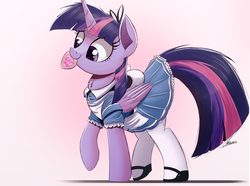 Size: 2000x1484 | Tagged: safe, artist:ncmares, twilight sparkle, alicorn, pony, g4, alice in wonderland, chest fluff, clothes, cute, dress, female, fluffy, gradient background, mare, mouth hold, nom, raised hoof, raised leg, signature, smiling, solo, twiabetes, twilight sparkle (alicorn), what could possibly go wrong