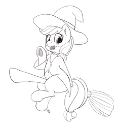 Size: 1280x1409 | Tagged: safe, artist:pabbley, applejack, earth pony, pony, g4, 30 minute art challenge, broom, female, monochrome, open mouth, sitting, solo, witch