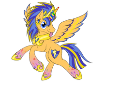 Size: 680x512 | Tagged: safe, artist:spyrica, flash sentry, alicorn, pony, g4, crown, jewelry, male, prince flash sentry, race swap, rainbow power, rainbow power-ified, regalia, simple background, solo, tongue out, white background