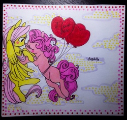 Size: 1280x1210 | Tagged: safe, artist:theorderofalisikus, fluttershy, pinkie pie, earth pony, pegasus, pony, g4, balloon, blushing, female, heart, heart balloon, lesbian, ship:flutterpie, shipping, traditional art