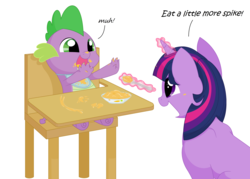 Size: 5384x3864 | Tagged: safe, artist:glitterstar2000, spike, twilight sparkle, dragon, pony, unicorn, g4, absurd resolution, baby spike, bib, cute, dialogue, duo, feeding, glowing horn, horn, magic, mama twilight, messy eating, simple background, spikabetes, spoon, telekinesis, twiabetes, white background