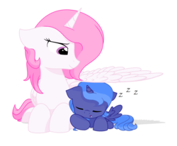 Size: 2660x2192 | Tagged: safe, artist:glitterstar2000, princess celestia, princess luna, alicorn, pony, g4, duo, filly, high res, hug, simple background, sleeping, sweet dreams fuel, white background, winghug, woona, younger, zzz
