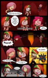 Size: 1024x1638 | Tagged: safe, artist:fj-c, fluttershy, pinkie pie, rainbow dash, equestria girls, g4, clothes, comic, dialogue, fantasy equestria, midriff, scar