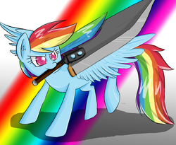 Size: 3300x2700 | Tagged: safe, artist:drhikari, rainbow dash, pegasus, pony, g4, cloud strife, crossover, female, final fantasy, final fantasy vii, high res, mouth hold, solo, sword, weapon