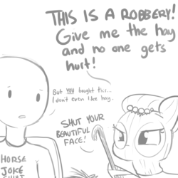 Size: 1280x1280 | Tagged: safe, artist:tjpones, oc, oc only, oc:brownie bun, oc:richard, earth pony, human, pony, horse wife, affectionate aggression, balaclava, chair, crowbar, cute, dialogue, grayscale, monochrome, ocbetes, robbery, simple background, sitting, sketch, ski mask, white background