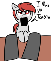 Size: 979x1165 | Tagged: safe, artist:neuro, oc, oc only, oc:anon, object pony, original species, pony, toaster pony, bread, burnt, burnt toast, dialogue, female, floppy ears, food, heart, heart eyes, looking at you, mare, mouth hold, offscreen character, ponified, simple background, solo focus, toast, transparent background, wingding eyes