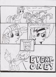 Size: 1700x2334 | Tagged: safe, artist:newguy, twilight sparkle, alicorn, pony, unicorn, g4, comic, gary oldman, megas xlr, monochrome, royal guard, the professional, twilight sparkle (alicorn)