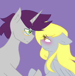 Size: 1024x1041 | Tagged: safe, artist:cubbybatdoodles, derpy hooves, written script, pegasus, pony, unicorn, g4, blushing, derpyscript, duo, eye contact, looking at each other, male, shipping, simple background, stallion, straight