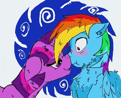 Size: 1280x1040 | Tagged: safe, artist:captainloafnugget, rainbow dash, twilight sparkle, alicorn, pegasus, pony, g4, abstract background, blushing, boop, chest fluff, duo, female, fluffy, lesbian, nose wrinkle, noseboop, ship:twidash, shipping, shocked eyes