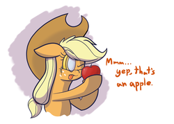 Size: 1280x914 | Tagged: safe, artist:heir-of-rick, applejack, earth pony, pony, daily apple pony, g4, apple, cowboy hat, cute, dialogue, female, food, freckles, hat, identifying wood, jackabetes, meme, monocle, parody, simple background, solo, stetson, tongue out
