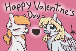 Size: 999x666 | Tagged: safe, artist:inspiration1413, oc, oc only, earth pony, pegasus, pony, duo, eyes closed, female, heart, mare, open mouth, tongue out, valentine's day