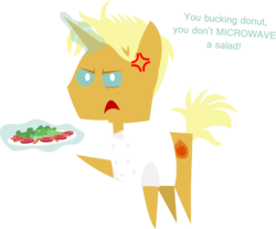 Size: 1770x1468 | Tagged: safe, artist:sketchmcreations, gourmand ramsay, pony, g4, angry, cross-popping veins, food, gordon ramsay, kitchen nightmares, magic, pointy ponies, raised hoof, salad, simple background, solo, telekinesis, transparent background